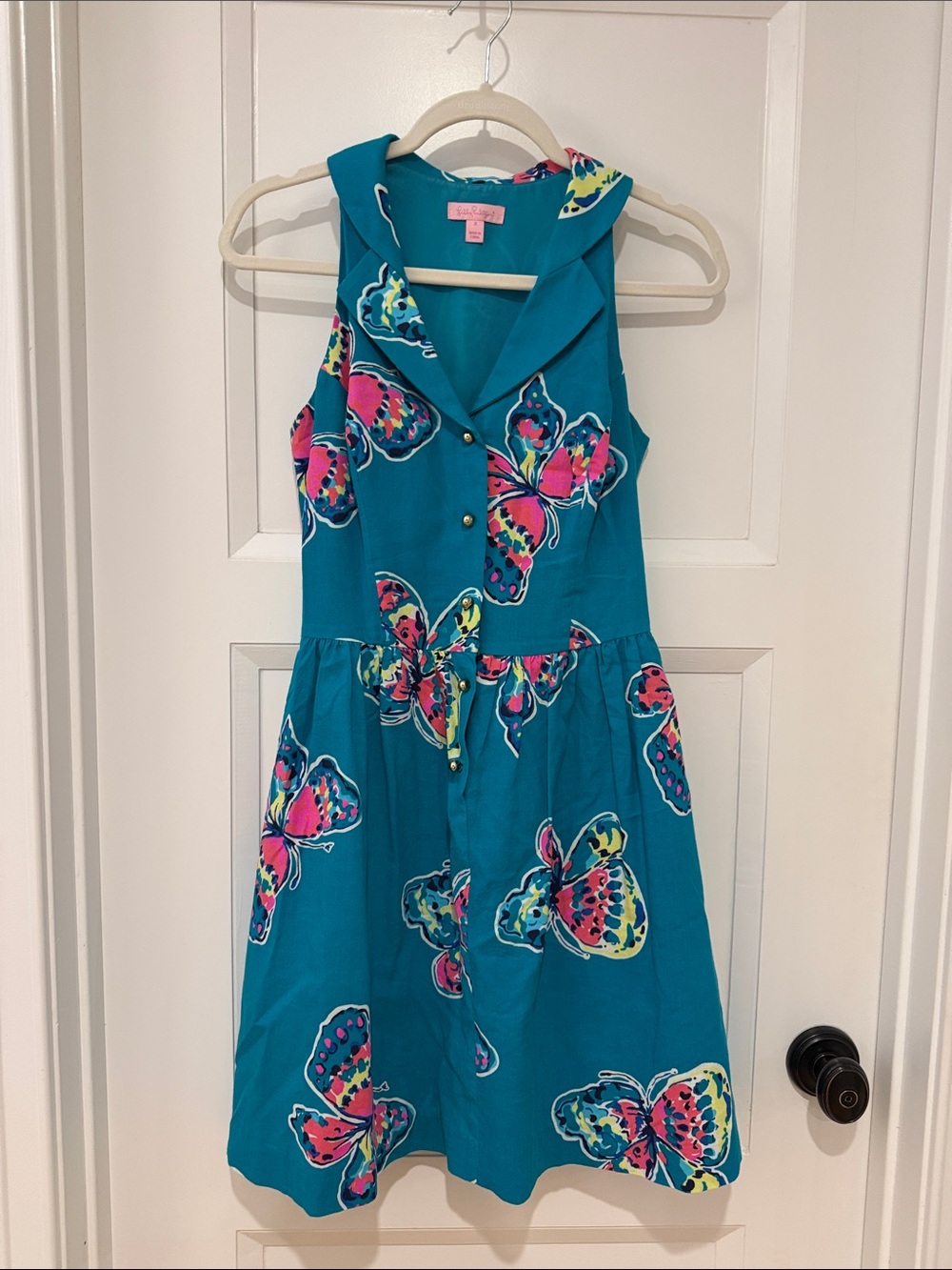 Lilly Pulitzer Teal Butterfly Print Collared Sleeveless Dress
